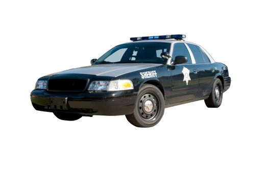 Front angle view of a black and silver police patrol car with a star on the door isolated on white.