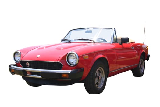 This is a picture of a small 1980s red Fiat Spider convertible, with the top down, that has been isolated on white, taken at a car show.