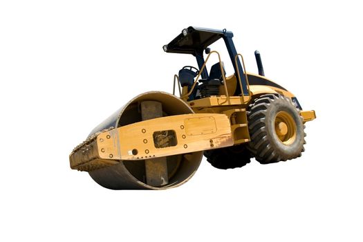 This is a large highway construction packing roller used to pack sand and aggregates before the laying of asphalt. Isolated on a white background.