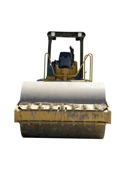 This is a large highway construction packing roller used to pack sand and aggregates before the laying of asphalt. Isolated on a white background.