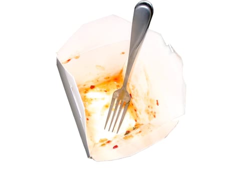 This is a down view of an empty Chinese food container with a fork and a remainder of what was inside. Isolated on white.