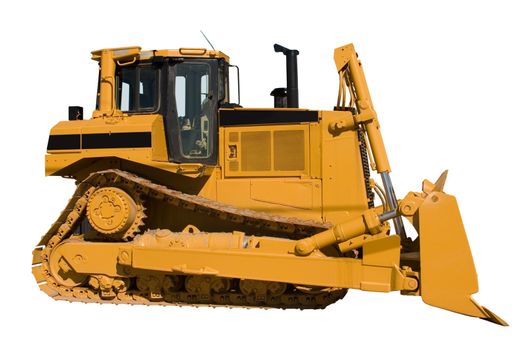 This is the front view of a new bulldozer. Isolated on white.