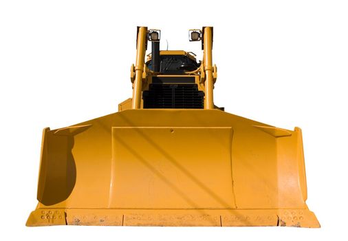 This is the front view of a new bulldozer. isolated on white.