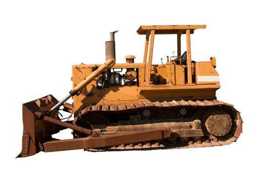 This is the side view of a well worn bulldozer. isolated on white. 