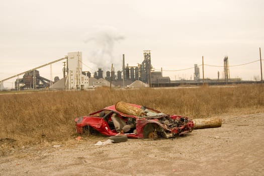 This is a stolen and abandoned red sports car in a deserted field that over looks a filthy chemical plant in a large urban city.