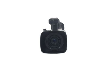 This is a picture of a modern video camera isolated on a white background.
