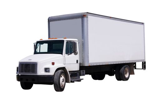 This is a picture of a typical six wheel city delivery cargo vehicle with a blank white van box. isolated on white.