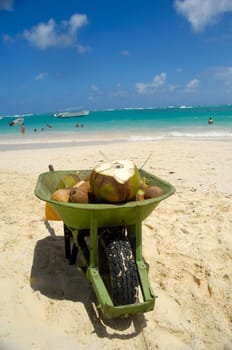 A coconut drink in wheelbarrow on beach