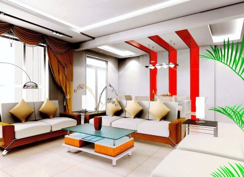 Custom sofas, glass tables, curtain