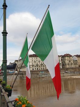 TURIN PIEDMONT ITALY MARCH 17: Celebrative flags for the 150th anniversary year of Italian unification March 17 2011 in Turin Piedmont Italy