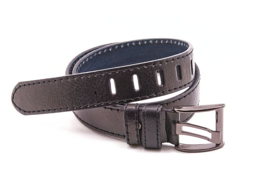 
Leather belt, black with metal buckle, white background