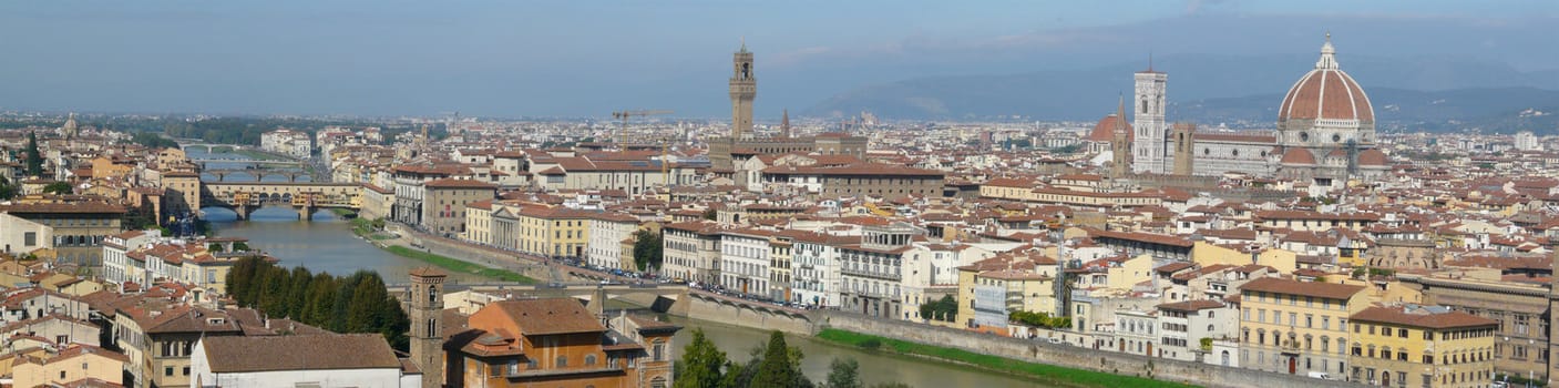 Wide-angle view on Florence, Italy, including cathedral and ponte vecchio.