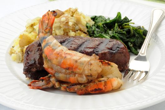 Shrimp and steak perfectly grilled on a white plate.