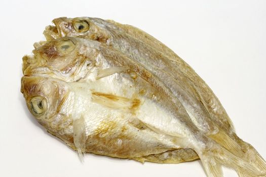 Salty dried fish in a white background
