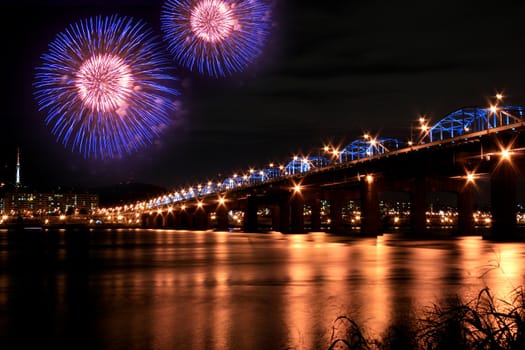Spectacular Fireworks in Han River with reflection