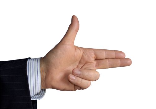 Close-up of a businessman's hand, pointing like a gun. Isolated on white with a clipping path included. Businessman dressed in a pinstripe suit, a little of which can be seen.