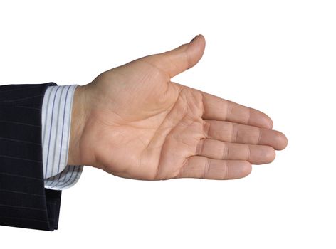 Close-up of a businessman's hand, held out for a handshake. Isolated on white with a clipping path included. Businessman dressed in a pinstripe suit, a little of which can be seen.