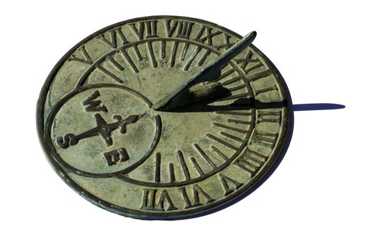 An old brass sundial, with a delicate green patina, showing 1:30pm. Isolated on white with a clipping path.
