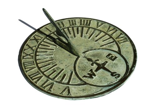 An old brass sundial, with a delicate green patina, showing mid-day. Isolated on white with a clipping path.