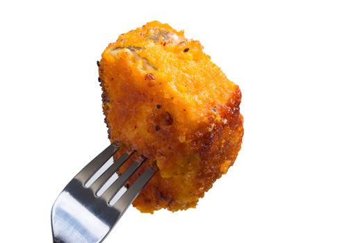 roasted fish on fork   isolated on white background