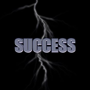 success 3d letters and lightning on black background