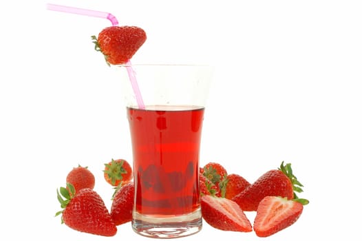 Fresh strawberry and drink in glass isolated.