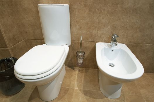 Toilet bowl and bidet in a toilet