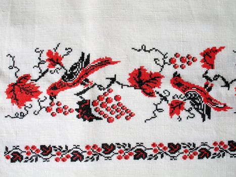 Cross-stitch. Traditional black and red ukrainian design, birds and berries. (I'm creator)