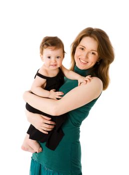 Mother with daughter posing together isolated on white