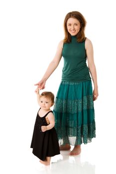 Happy mother walking with daughter isolated on white