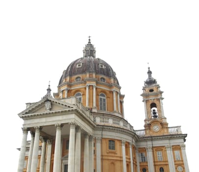 Baroque church Basilica di Superga,Turin, Italy - isolated over white