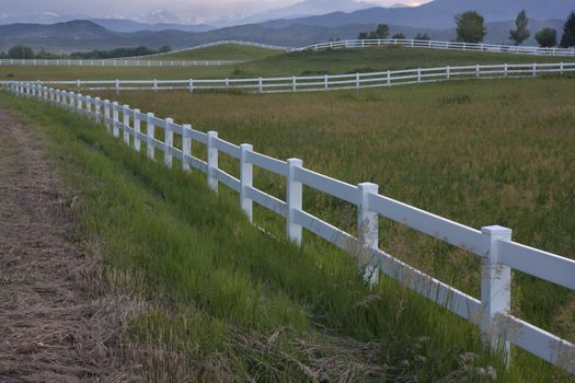 green horse pasture with white fences at foothills of Rocky Mountains in norhtern Colorado at dusk