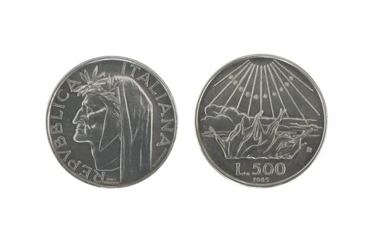 old 500  italian silver coins isolated on white background