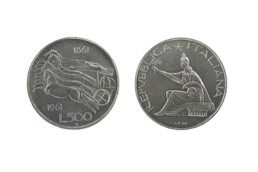 old 500  italian silver coins isolated on white background