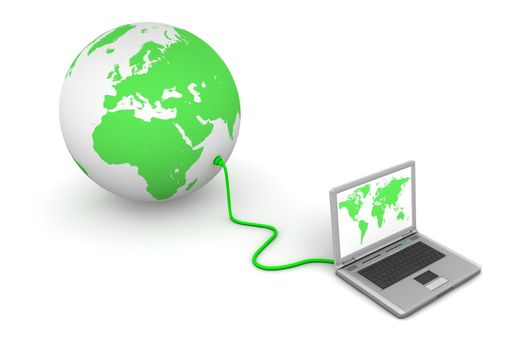 laptop with green world map wired to a green 3D globe