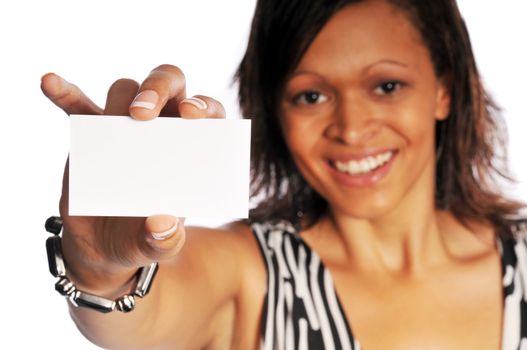 attractive young model posing on a white background holding a business card