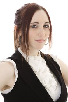 Head shot of a young woman against a white background