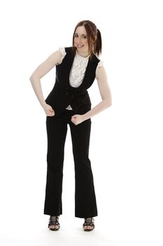 Young woman in business suit flexing her arm muscle against a white background