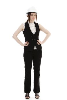 Young woman wearing a construction hat against a white background