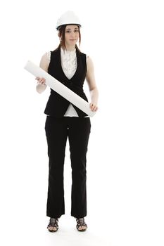 Young business woman wearing a business suit and construction had holding a white tube against a white background