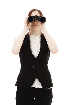 Young business woman looking throught binoculars against a white background