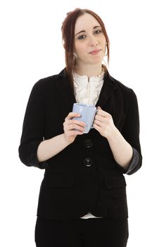 Young business woman with a cup of coffee against white background