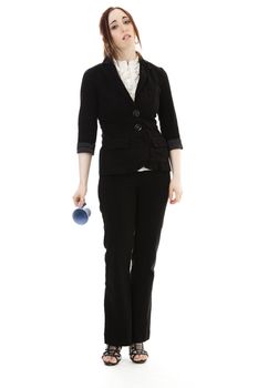 Young business woman with an empty cup of coffee and an discourage expression against white background