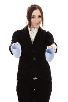 Young business woman with two cups of coffee against white background