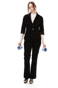 Young business woman with a sad expression holding two cups of coffee against white background