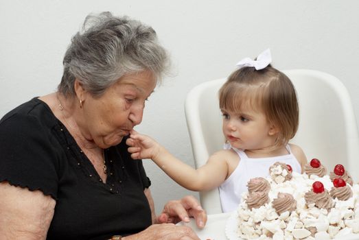 careful great-granddaughter with ninety summer great-grandmother