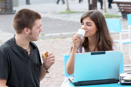 Student's pair in cafe outdoor