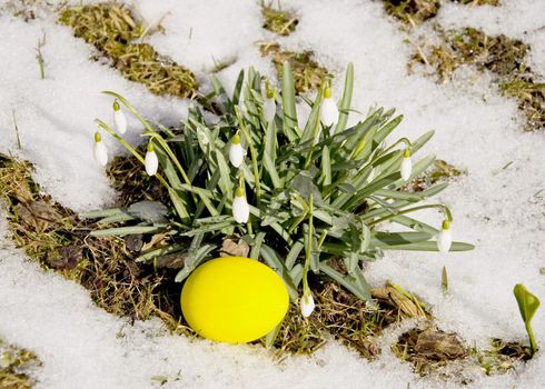 Easter egg and spring snowflakes surrounded by melting snow.
