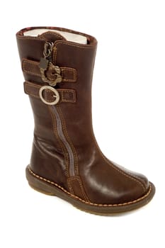 A brown high boot. Taken on a white background.