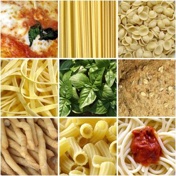 Italian food collage including 9 pictures of pasta, bread, pizza